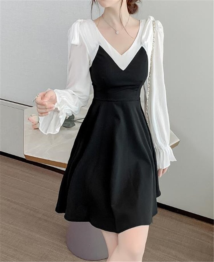 高レビュー多数超中 激安セール 秋 短いスタイル エレガント 縫付 ファッション Vネック スカート 長袖 ワンビース カラーマッチング
