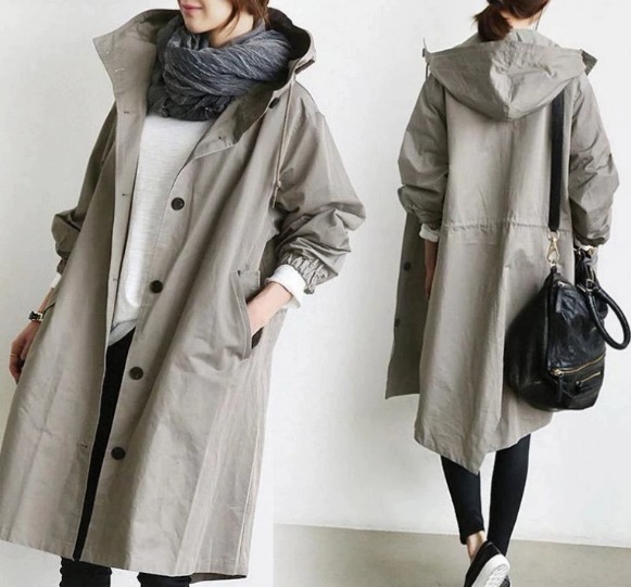レディース コート アウター 上着 ウィンドブレーカー ロング 長袖 襟なし ポケット フード シンプル カジュアル おしゃれ かっこいい ラフ メンズライク ボーイッシュ ルーズ クール 無地 春