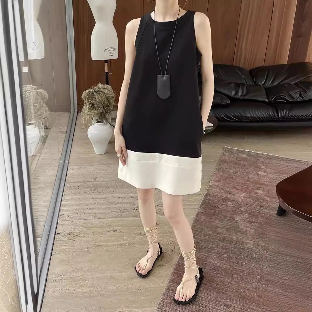 ノースリーブワンピース レディース 夏 ワンピース コントラストカラー切り替え百掛けワンピース