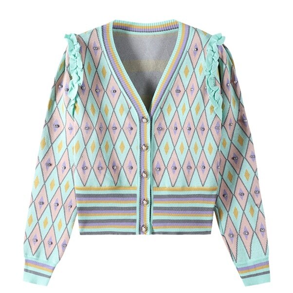 ２色 レトロ風 トップス ニット カーディガン 春 秋 かわいい きれいめ カジュアル ショート ショート丈 長袖 萌袖 Vネック ボタンダウン ストレート スマート フリル 前開き 緑 グリーン 紫