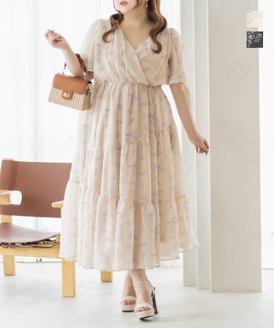 大きいサイズ レディース LL 3L 4L XL XXL XXXL CLETTEオリジナルフレア袖ギャザー花柄ワンピース