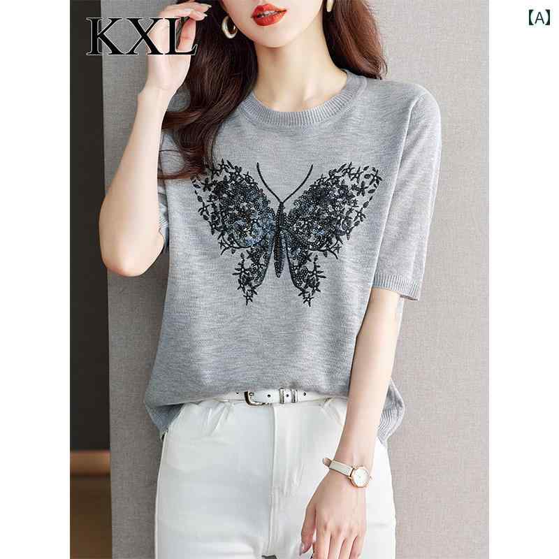 トップス レディース おしゃれ 上品 通勤 オフィス カジュアル グレー スパンコール キラキラ キラキラ 右 肩 半袖 Tシャツ 夏 薄手 涼しい 涼しい ひんやり 快適 ニット