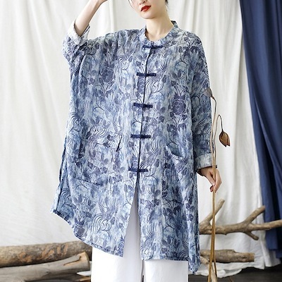 オリジナル春夏作ラミー麻プリントスタンドカラーミディアムシャツルネレトロゆったりトップス特