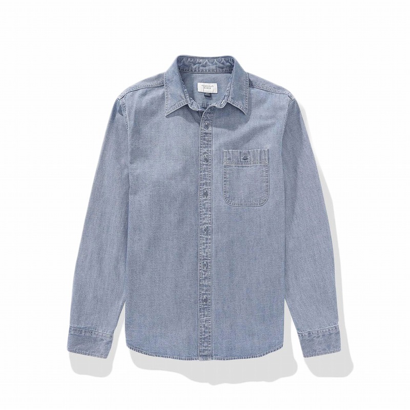 メンズ クラシックフィット 長袖 デニムボタンシャツ ライトウォッシュ