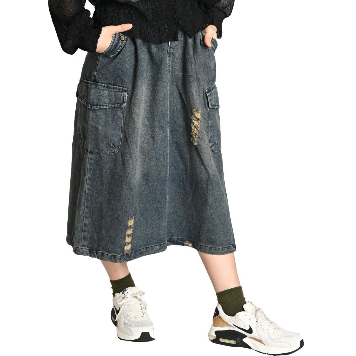 デニムスカート ロング aライン レディース ダメージ ヴィンテージ 加工 デニム スカート ウエストゴム 大きいサイズ フレアスカート ミモレ丈 ミモレ丈スカート 台形スカート ロングスカート aラ