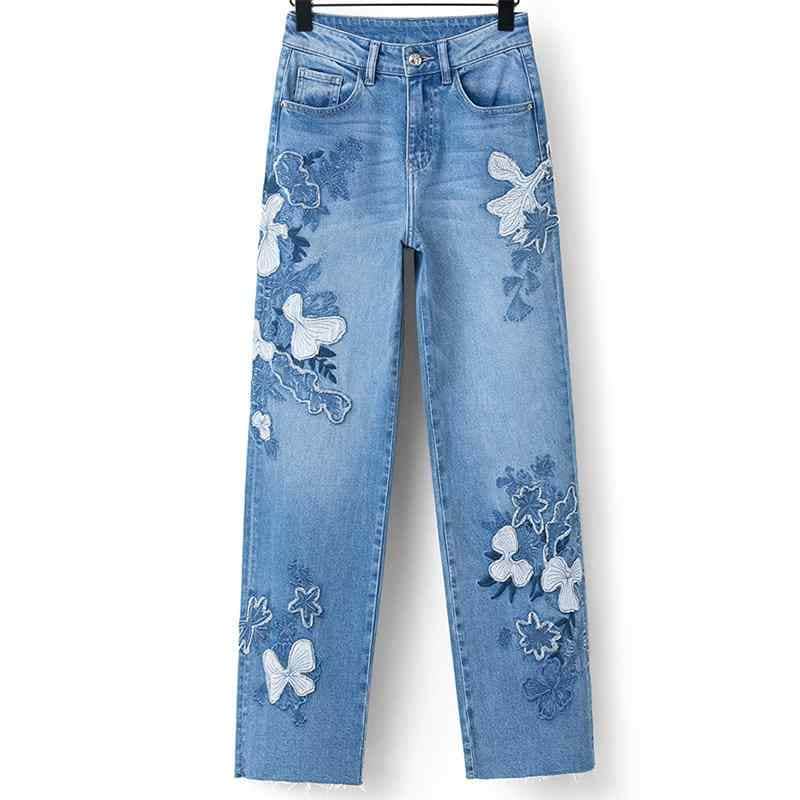 レディース ファッション カジュアル おしゃれ 春秋 ストレート レッグ パンツ 刺繍 花柄 ハイウエスト ワイドレッグ ジーンズ 5,284円