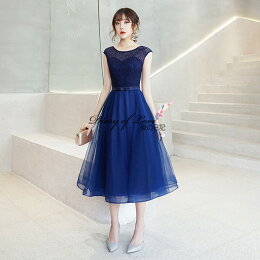パーティードレス二次会　ミモレ丈　刺繍入り　エレガント　演奏会　ドレス大きいサイズ　膝丈結婚式ワンピース　パーティードレスお呼ばれミモレ丈ドレスウェディングドレス1.5次会二次会演奏会発表会パーティー