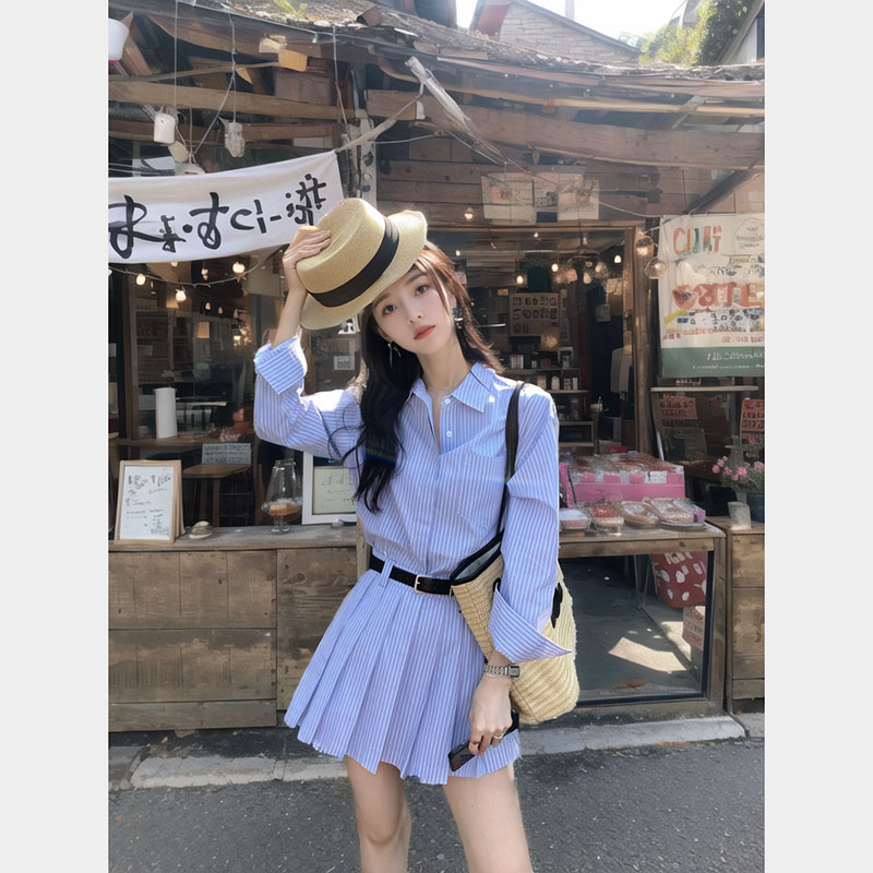 カレッジファッション 服装 スーツ レディース 2024春 ブルー ストライプ シャツ プリーツ スカート 2点セット 5,695円