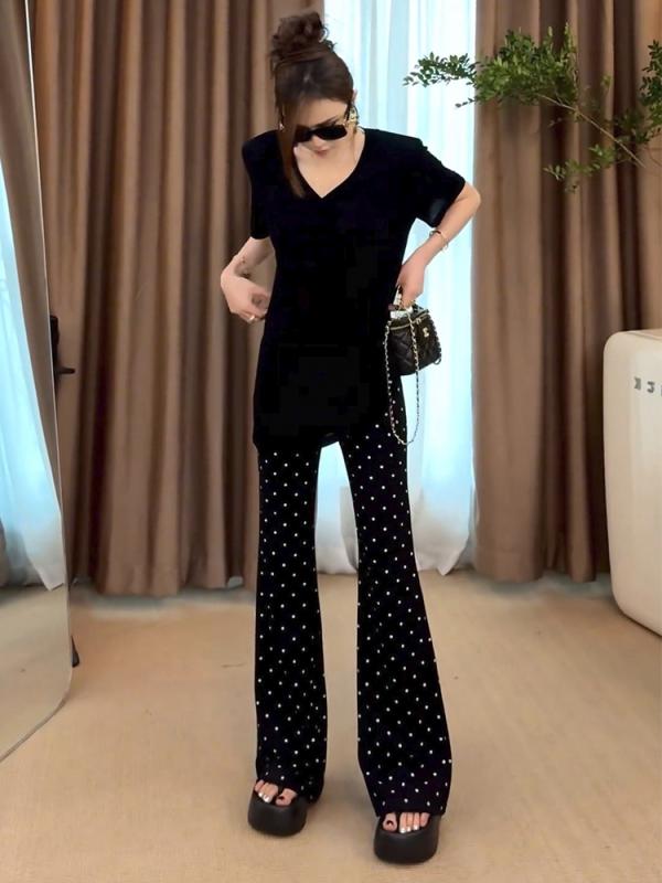 レディース ファッション オシャレ カワイイ シンプル 人カワイイ きいサイズ 白 ドット ベルボトム パンツ ハイウエスト スリム パンツ