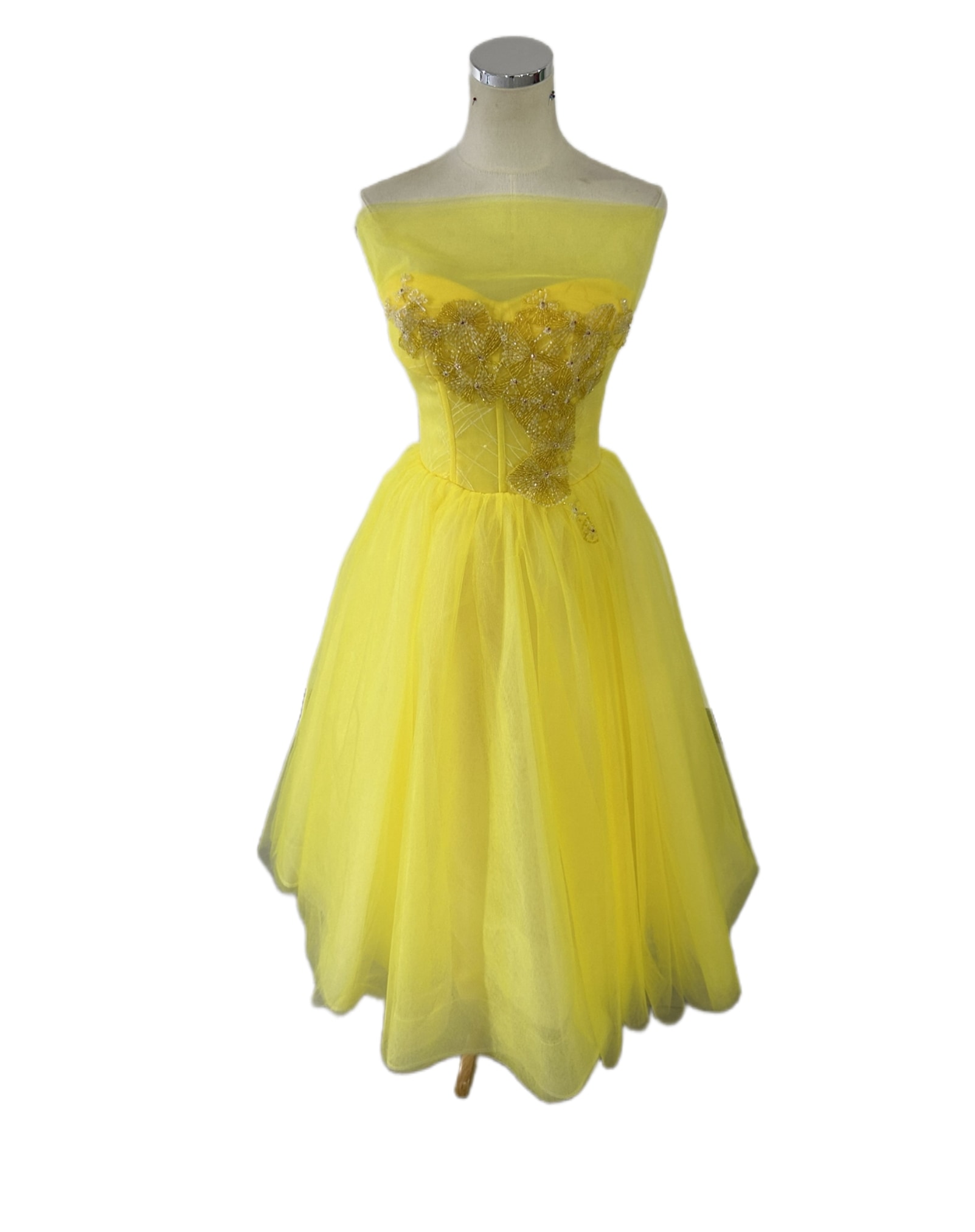 カラードレス イエロー ベアトップ キラキラ光る刺繍 ミニワンピース ファスナー 2次会/合コン