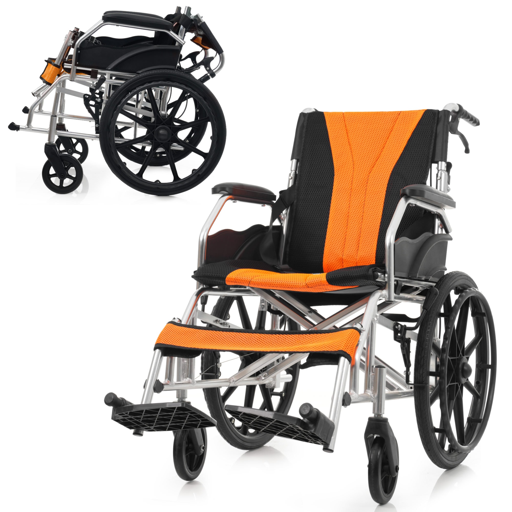 【国内発送,送.料無料】車椅子 折畳み 介助型 自立できる 軽量 コンパクトBlack + Aluminium ノーパンクタイヤ 折りたたみ 収納可能 超軽量 コンパクト 安全ベルトつき 背面ポケット