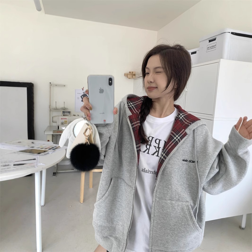 2024秋冬レディースカレッジスタイルカーディガンスプライスチェック柄フード付きセータージッパージャケット女性用