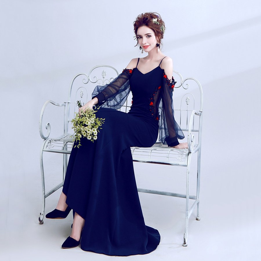 カラードレス 青 長袖 ロングドレス パーティードレス 結婚式 安い 花嫁 フォーマルドレス 演奏会 イブニングドレス 二次会 カクテルドレス 大きいサイズ