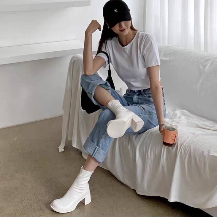 チェルシーブーツ レディース ミディアムヒール スリムチャンキーブーツ ショートブーツ ミドルブーツ レザーブーツ PUレザー チャンキーブーツ 太ヒール ラウンドトゥ ２カラー a4554