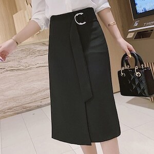 【送料無料】レディース スカート ひざ丈 Aライン ベルト ラップタイプ ブラック 大人可愛い