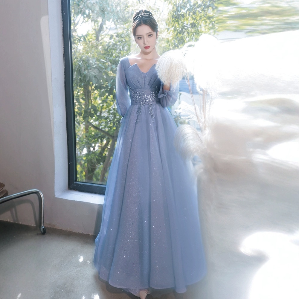 ドレス女性のバンケット気質ハイエンドブルー長袖パーティーホスト