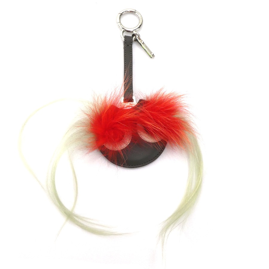 フェンディ FENDI チャーム コンパクトミラー モンスター レザー/ファー グレー/レッド シルバー レディース e59850g