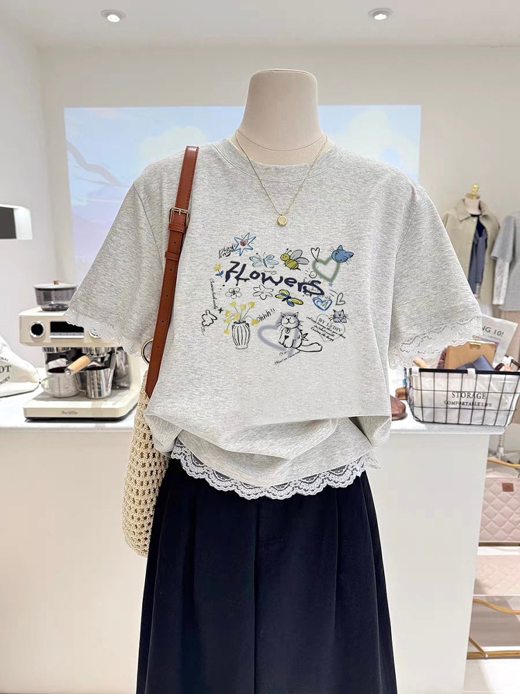 【1点ご購入 で10点プレゼントいたします】小柄な絵文字カートゥーンハートプリントショルダー半袖Tシャツ女性2025カジュアルTシャツ