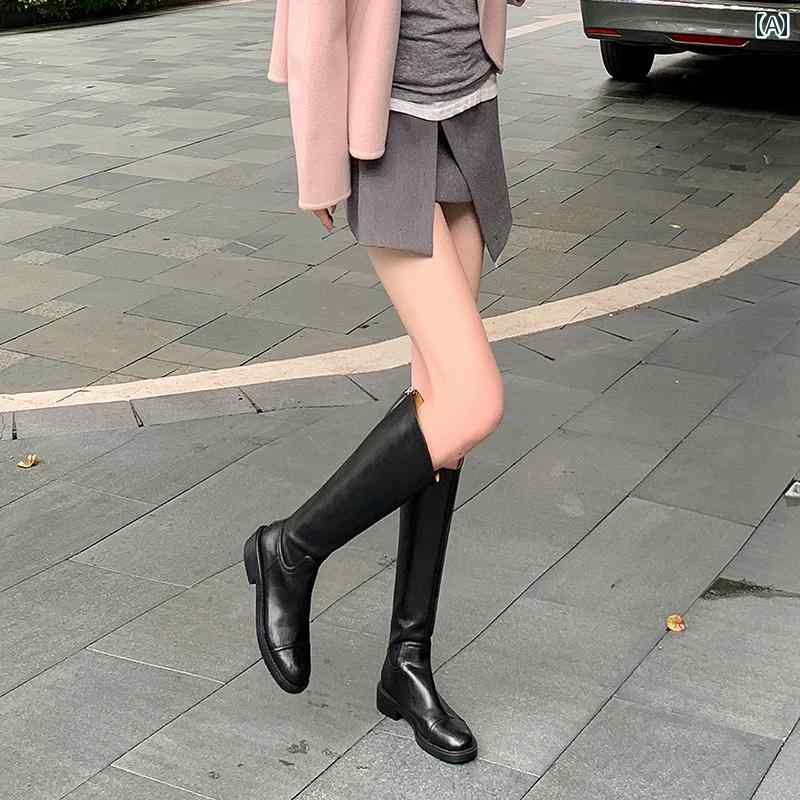 ロングブーツ レディース タイトフィット シンプル おしゃれ スタイルアップ スリム カジュアル フラット ライダー ブーツ 女性 冬 革 ベルベット 膝上 ブーツ ハイ ブーツ 9,480円