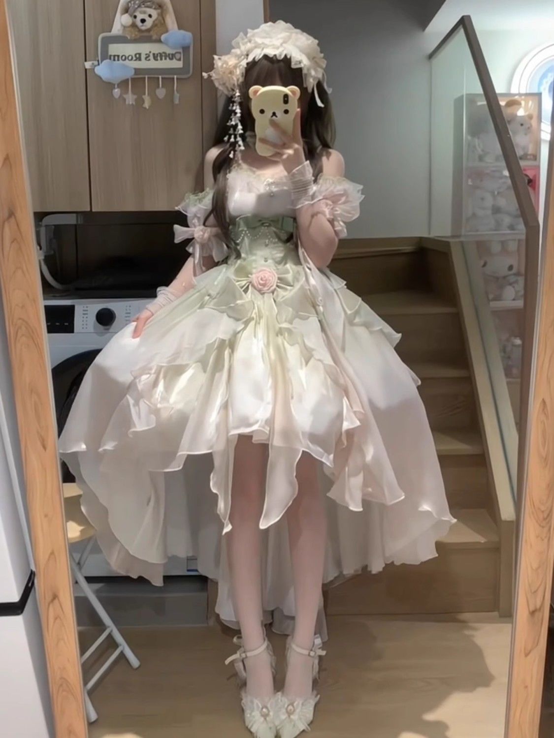 グラデーションピンクグリーンlolitaストラップワンピースロリータ洋服花嫁前の短い後ろの長い蓬蓬姫スカート夏