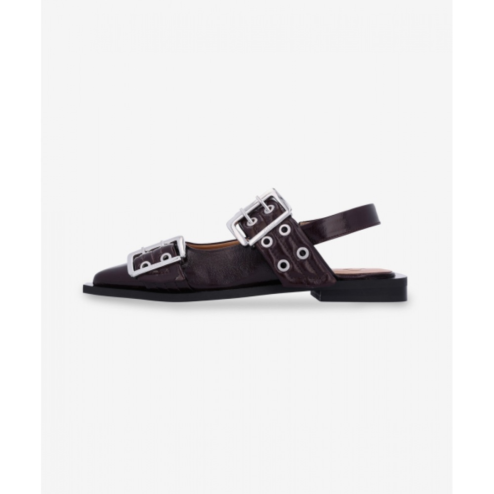 GANNI フェミニンバックルバレリーナナプレックフラットシューズ-ダークバーガンディ/S3086436