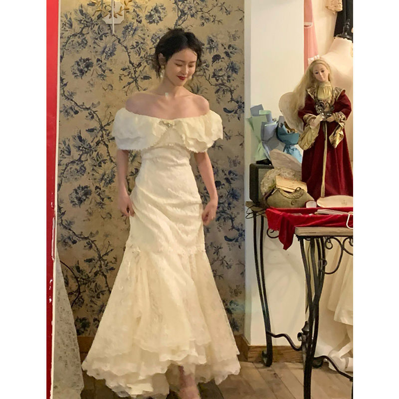 エレガントなティーブレイク フレンチヴィンテージ ビンテージブークレドレス 夏