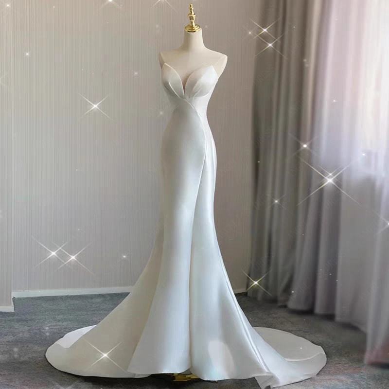 披露宴 チュール 可愛い-55 ロングドレス レディース ウエディングドレス ビーチフォト 美しい魚の尾 花嫁 白 ブライダル 二次会 シンプル 前撮り aライン つぼみのドレス ビーチ婚