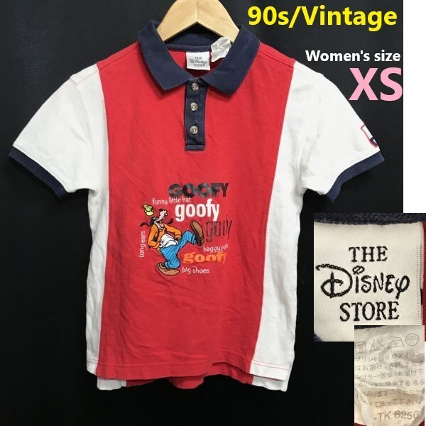 90s/Vintageディズニーストア/THE Disney STOREグーフィー刺繍/半袖/ポロシャツ【レディースXS/赤×白×紺】Tops/ShirtsTBH872