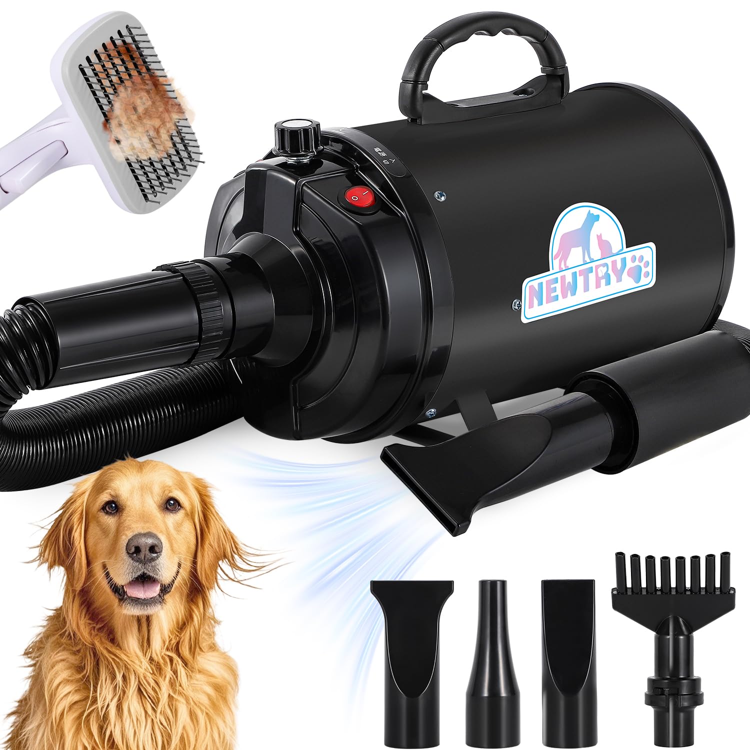 ペットドライヤー 犬用 ペット用 ドライヤー ブロワー 送風機 無段階速度制御 3つのノズル付き ブラシ付き 風速温度調整可能 大風量 騒音低減 100V 50Hz/60Hz 650-1800W (