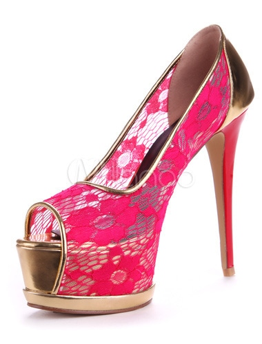 フクシアレースファビュラスレディースピープトウシューズ