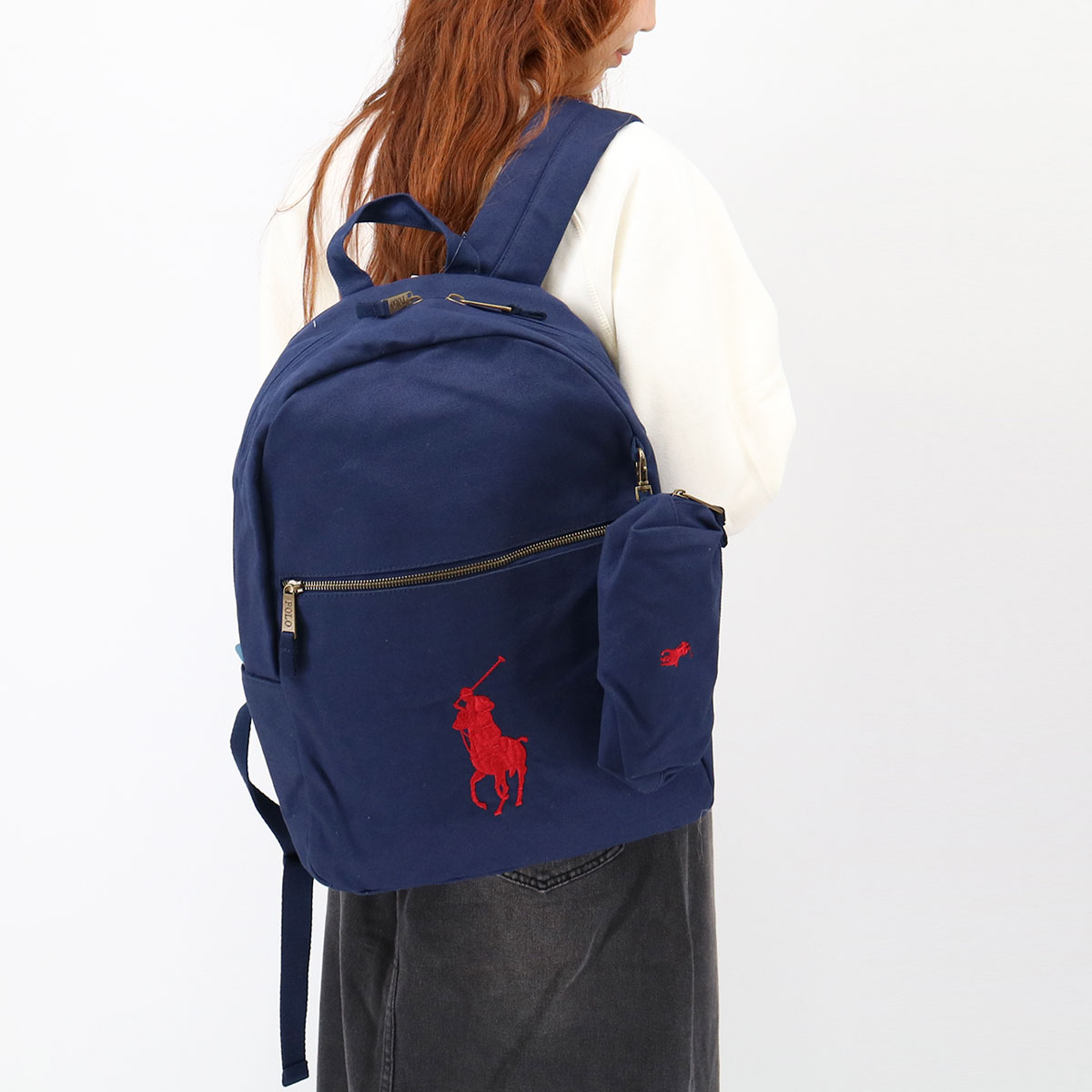 9AR071 バックパック ポーチ付き ビッグポニー リュック ロゴ刺繍 A4収納可能 ユニセックス レディース メンズ ブラック 男女兼用