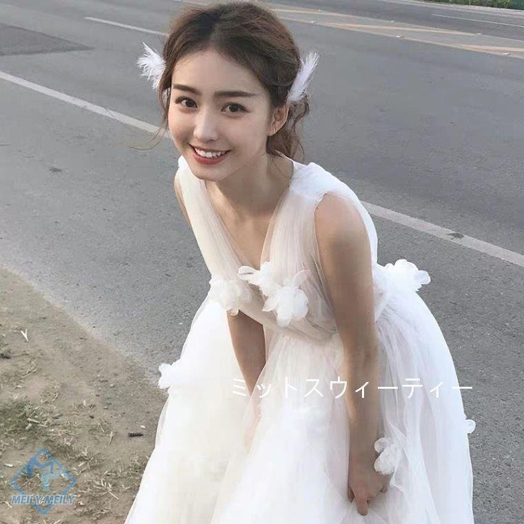 韓国ファッションパーティードレス 結婚式 袖なし ロング丈 透かし感 ブライダル 二次会 花嫁 前撮り フォトウェディング リゾートウェディング 撮影 挙式 チュール ふわふわ