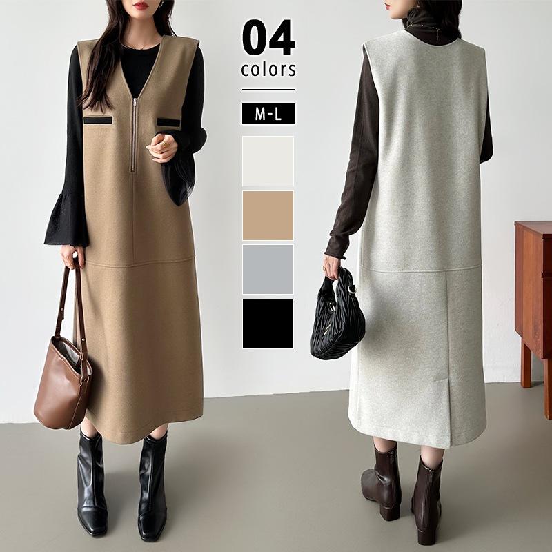 [迅速な配達][限時割!引!]ジャンパースカート vネック ハーフジップ ワンピース レディース ゆったり スリット ジャンスカ ノースリーブ Vネックジャンパースカート ロング ミディ丈 ノースリー