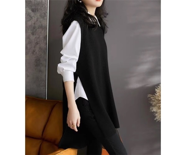 レディース トップス ニット プルオーバー ベスト ミドル丈 袖なし ノースリーブ Uネック ラウンドネック ベルト スリット 大人可愛い きれいめ シンプル カジュアル 上品 おしゃれ かっこいい