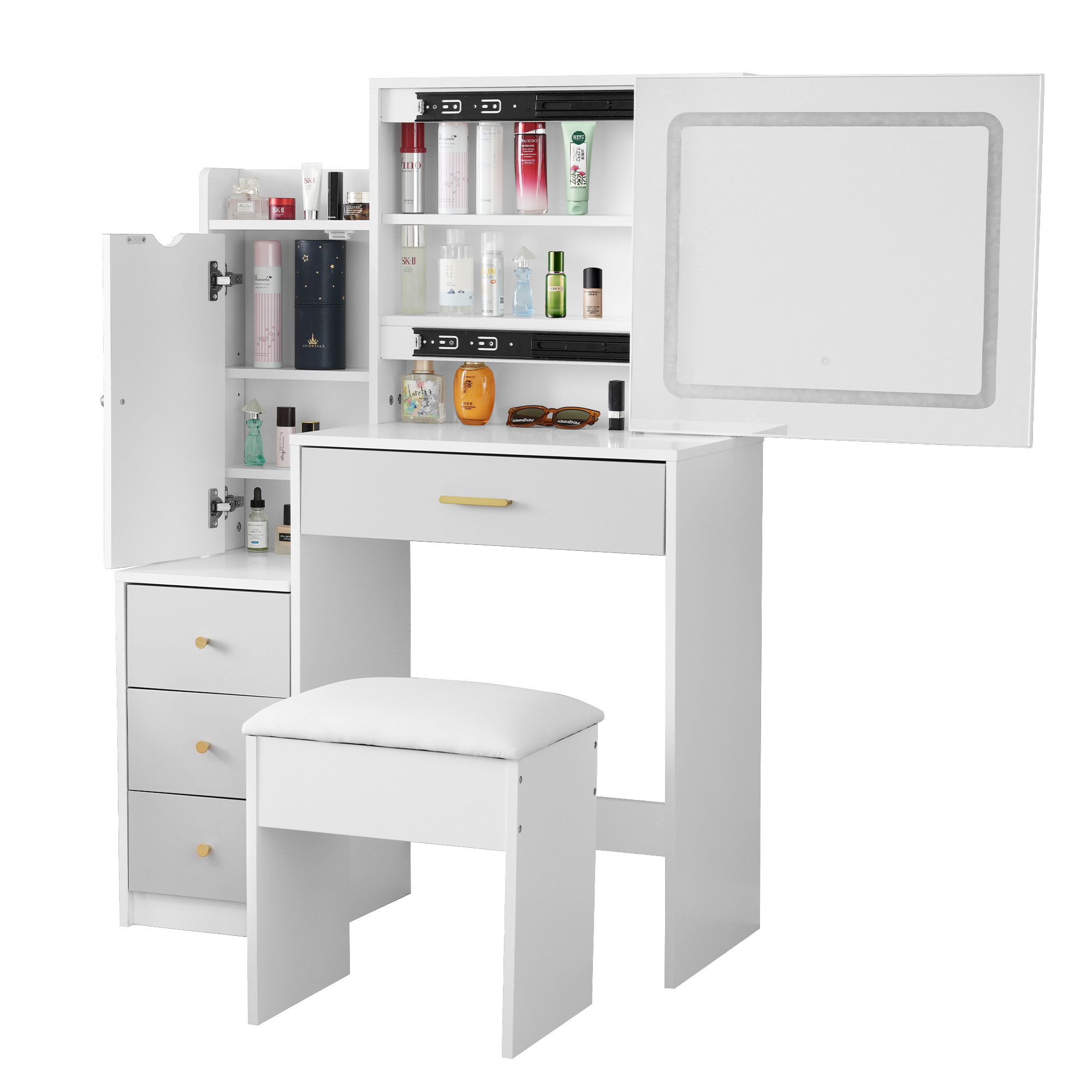 【大好評！最安値挑戦!】ドレッサー化粧台 テーブル 鏡台 LEDライト付き スツール付き 引き出し 収納 サイド収納 メイク台 シンプル 大容量 可愛いGG7027 White Solid WoodG
