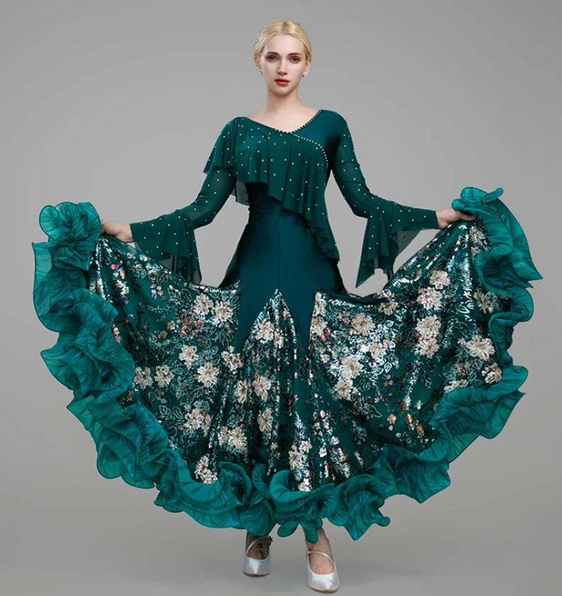 即納可能モダン衣装 大きい裾 モダンドレス 社交ダンス ダンスウェア スレンダー フラメンコ スタンダードドレス ワルツ レッスン着 競技用のドレス 社交ダンスドレス ゴージャス 社交ダンス衣装 演出