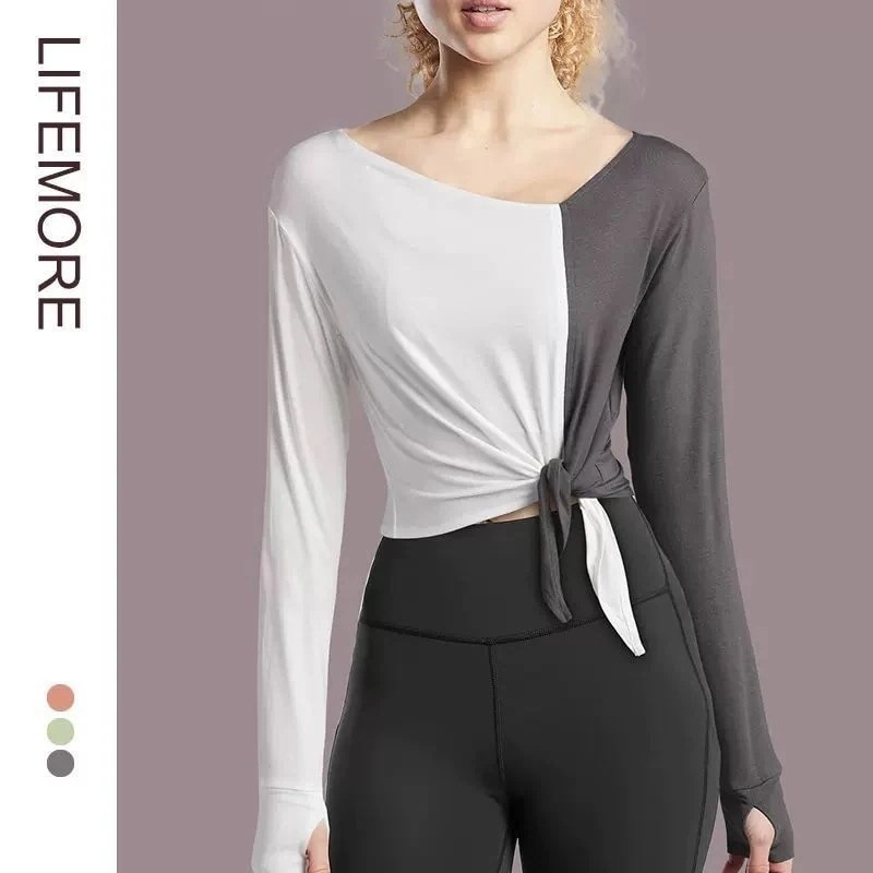 おしゃれヨガウェア お家ヨガウェア レディースブラウス長袖Tシャツ短めの開叉ベルトパッチワークカラーランニングスポーツフィットネストップス韓国ファッションバックブラウス offweel 12and