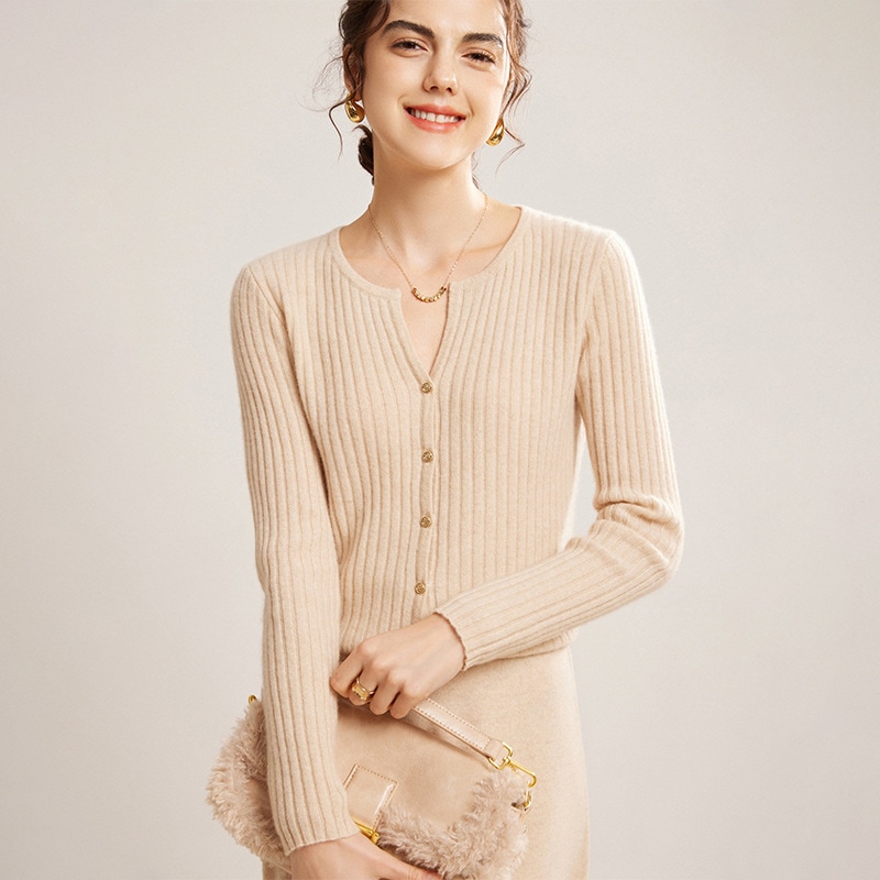 24秋冬100純カシミヤカーディガン日常通勤百合純vネックスリム着痩せコート