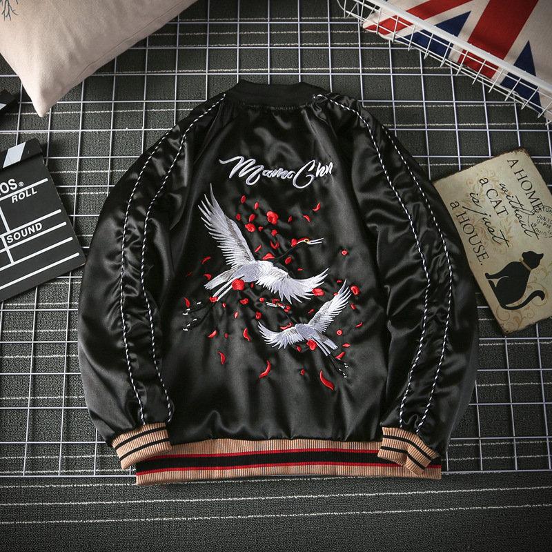 スカジャンメンズリバーシブルジャンパー光沢鶴ジャケット和柄刺繍ミリタリーバイクカジュアルおしゃれアウター横須賀風秋冬物