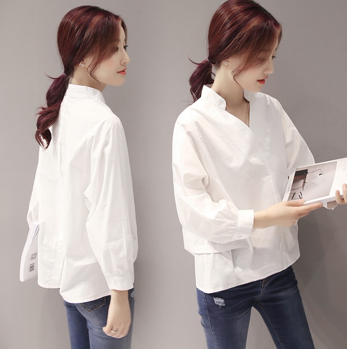 トップス エレガント シャツ 白シャツ 白トップス 長袖 Vネック 襟なし 通気性 ギャザー ギャザー使い 薄手 きれいめ シンプル 上品 おしゃれ お洒落 女子 こなれ感 クール モダン