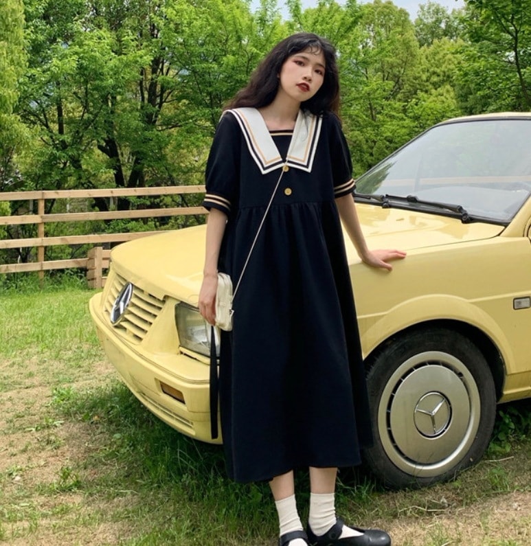 ワンピース デート モテアイテム カレッジ セーラー 五分袖 襟付き フレア 可愛い きれいめ 上品 おしゃれ かっこいい 可愛い ラブリー キュート ガーリー クール モード系 セクシー