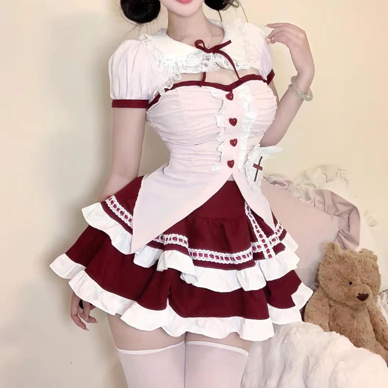 春秋にぴったりのキュートなガーリーなツーピースセット：ハイウエストのフリルトップスとスリミングケーキスカート