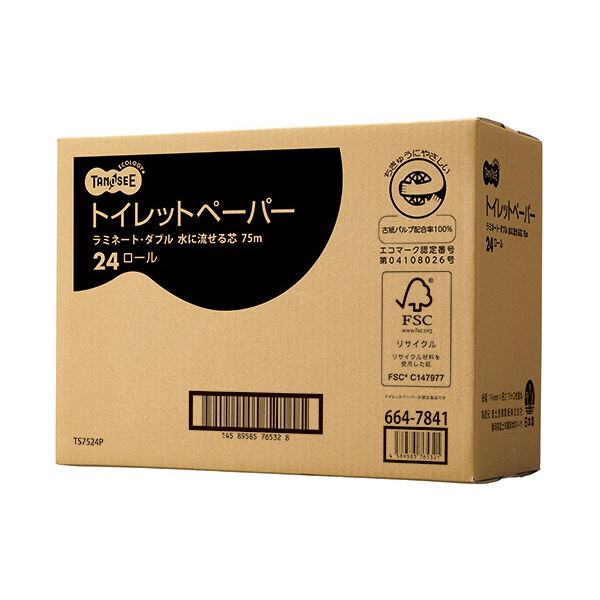 TANOSEE トイレットペーパー水に流せる芯 ダブル 75m 6ロールx4パック