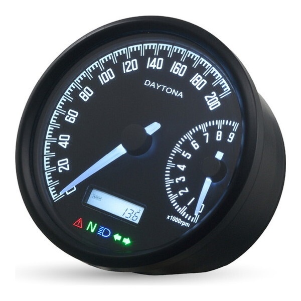 D48138 VELONA 電気式 スピードメーター / タコメーター ブラックボディ/ホワイトLED φ80 200km/h 9000rpm表示