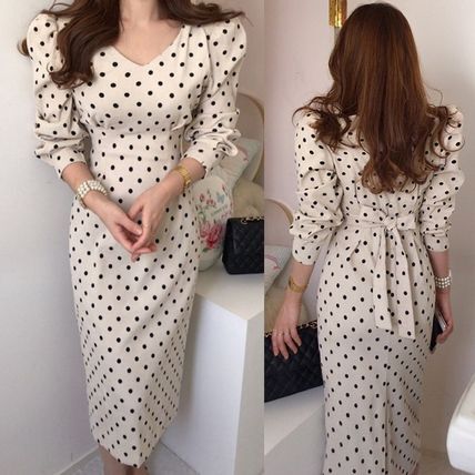 【送料無料】レディース 2カラー ワンピース ドット バックリボン コクーン 細身 タイト