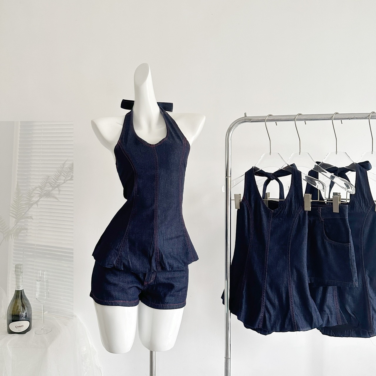 レディース 欧阳 的天 chao蕨腰臀比!si服荷叶摆ハルターネックデニムトップス2026 2026新作