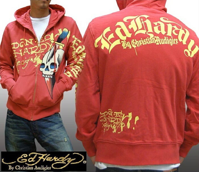 セール エドハーディー パーカー メンズ Ed Hardy SKULL DAGGER ジップアップ レッド エドハーディー 正規品 インポート LAセレブ ファッション サファリ 掲載 ブランド