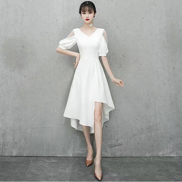 ワンピース パーティードレス 膝丈ドレス 膝丈 ミモレ丈 ロング丈 袖あり 半袖 五分袖 ボリューム袖 パフスリーブ Vネック Aライン スリム アシンメトリー フレア 細身 透け感 シースルー