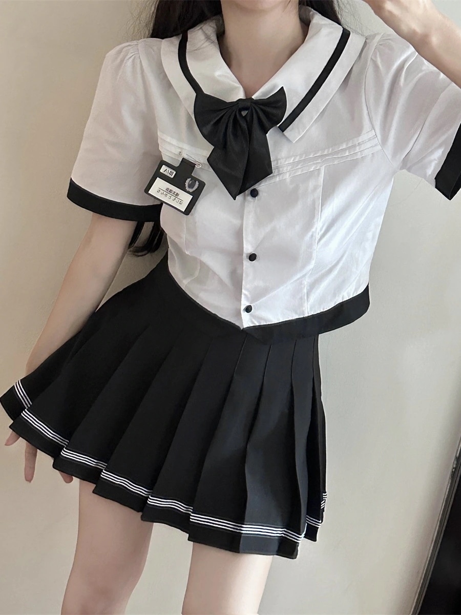 2024新作 セットアップ 夏今週の割引は 25% オフですのアカデミア風jk制服スーツドールネックシャツリボンプリーツスカート2点セット 百掛け 韓国ファッション 涼しく楽ちんセットアップ メガ割