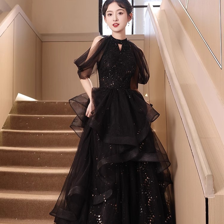 2025新品追加パーティドレス ブラック ワンピース 韓国ファッション 卒業式 結婚式 誕生日 演奏会 花嫁 司会 ホスト パーティー